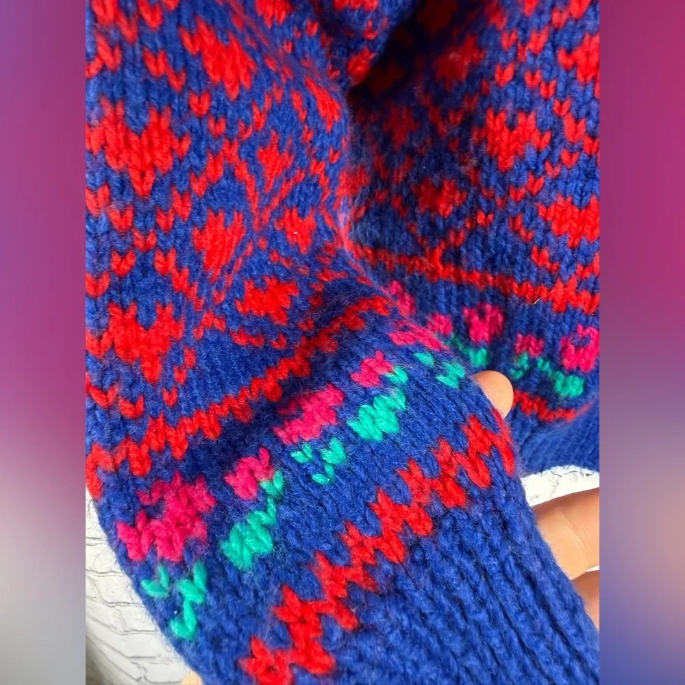 Rainbow Creek Hand Knit Sweater with Red and Blue Accents